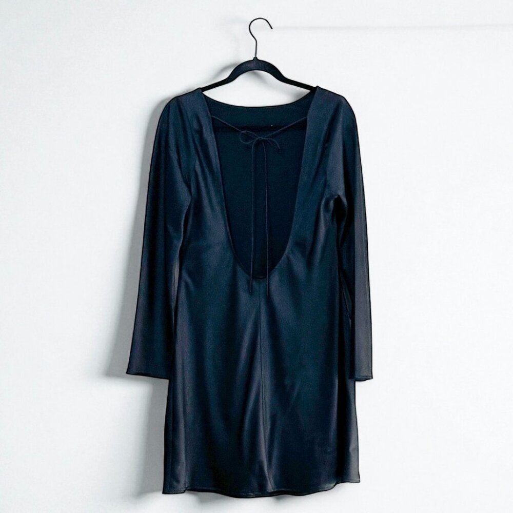 Abercrombie & Fitch Satin Long Sleeve Open Back Mini Dress Black Women's Size L - Picture 7 of 10